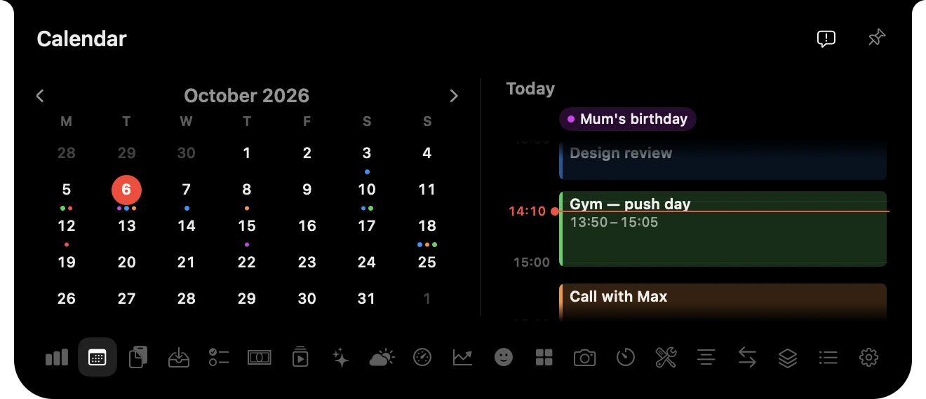Calendar: the month beside today’s timeline, with a red line at the current time.