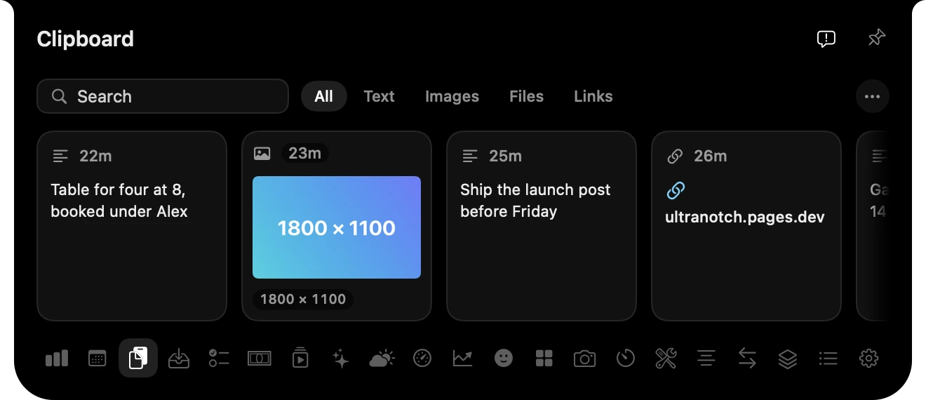 Clipboard history with text, a picture and a link.